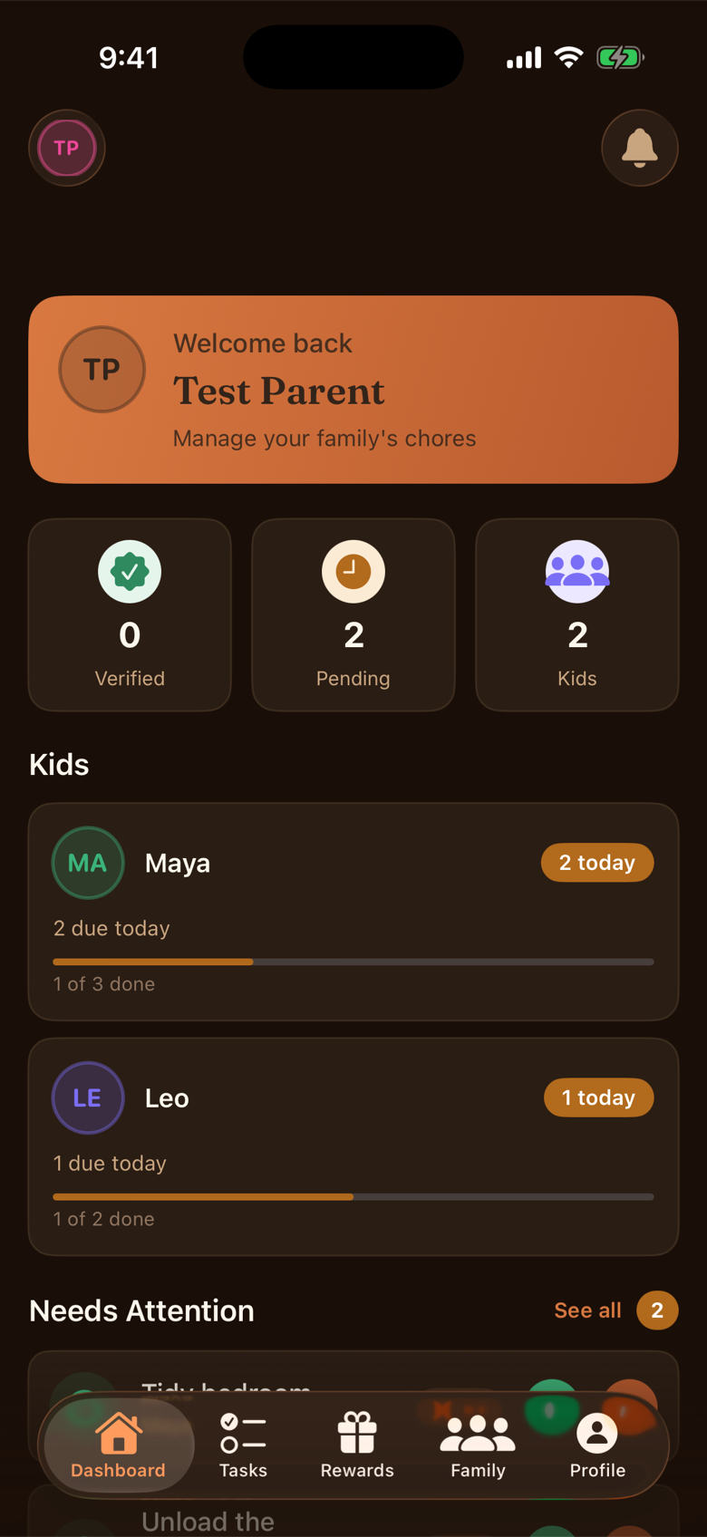 The current Chore Bear parent dashboard in dark mode