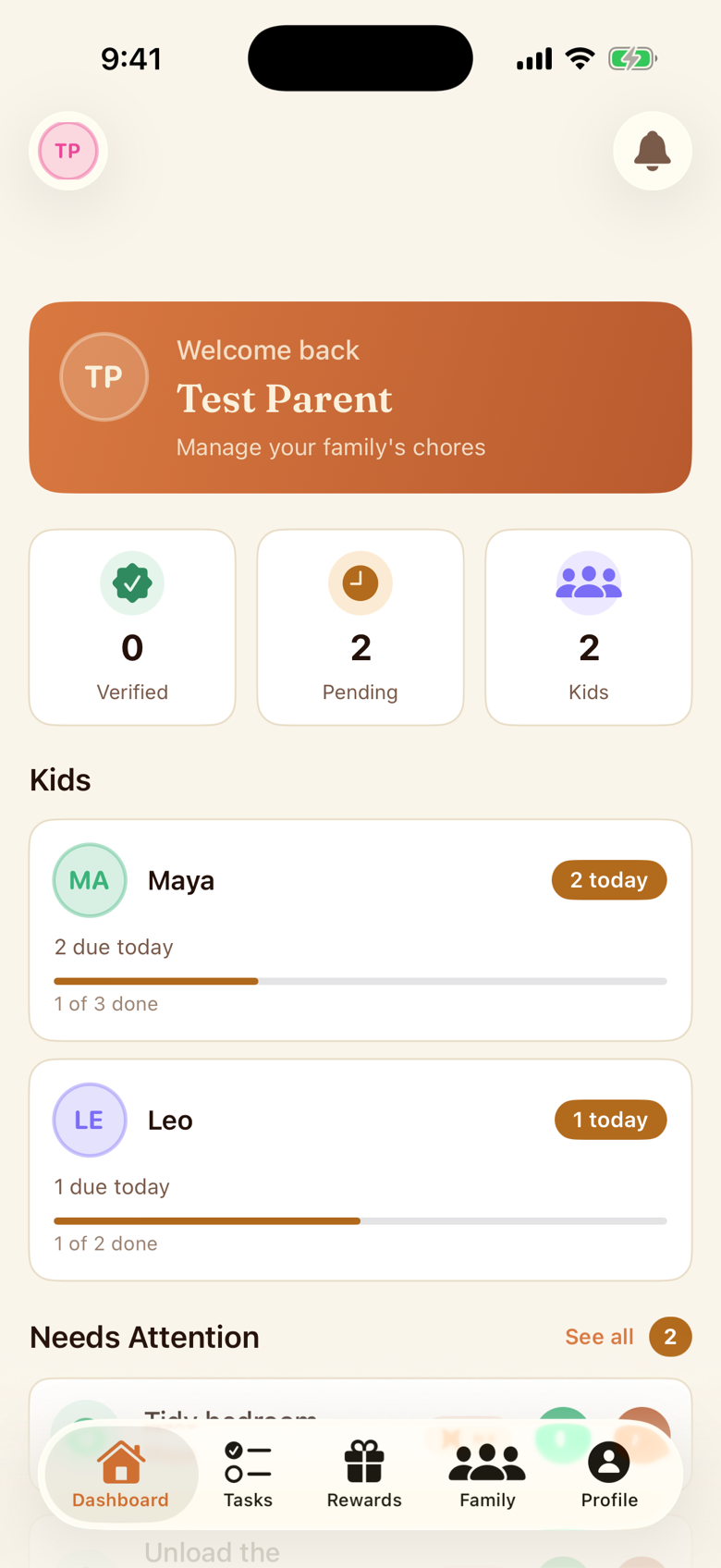 The Chore Bear parent dashboard with Maya and Leo's chore progress